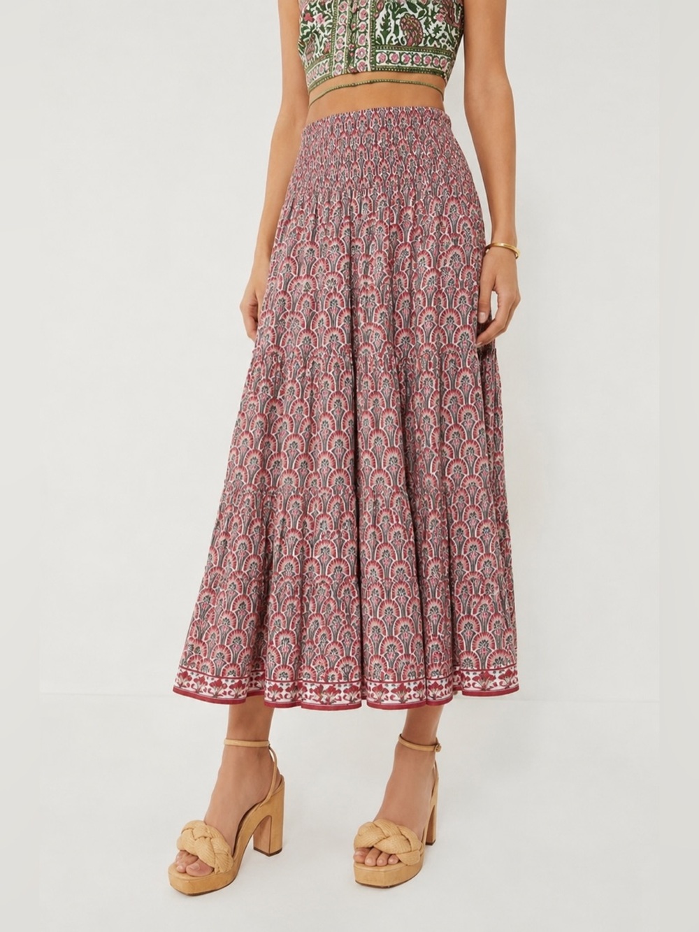 Max Studio Rayon Printed Maxi Skirt Smocked Elastic Waistband Size Small 730